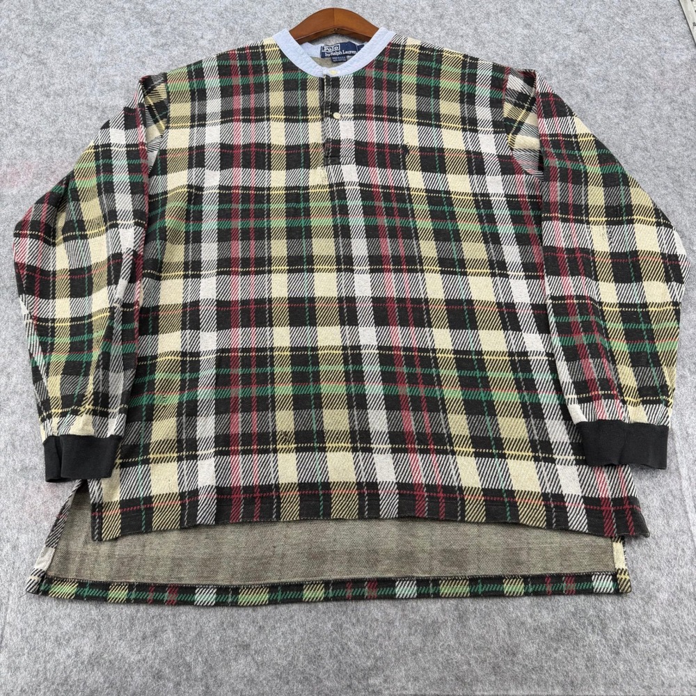 Vintage Polo Ralph Lauren Plaid Henley Shirt XL Mens Made in USA Cotton Knit